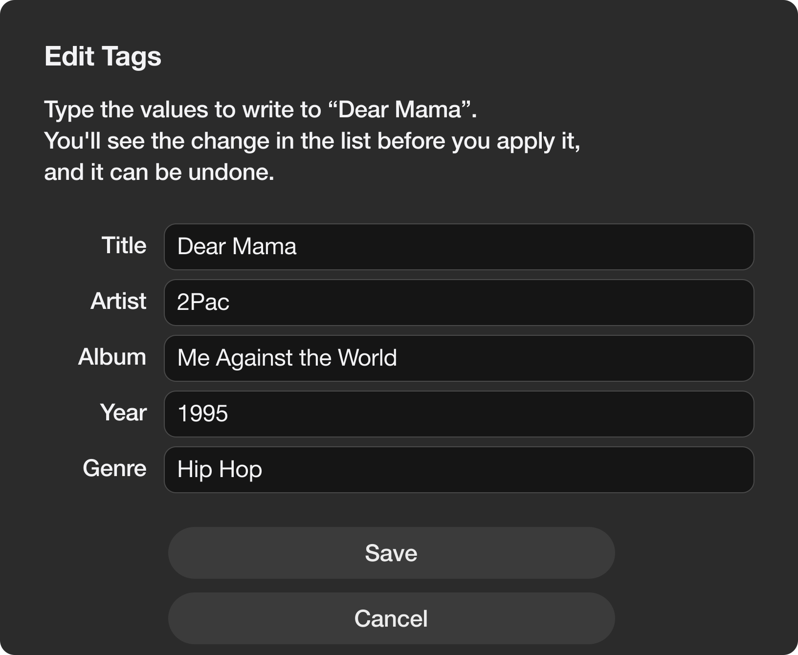 Representative TuneRight Edit Tags sheet with Dear Mama by 2Pac, album Me Against the World, year 1995, and genre Hip Hop